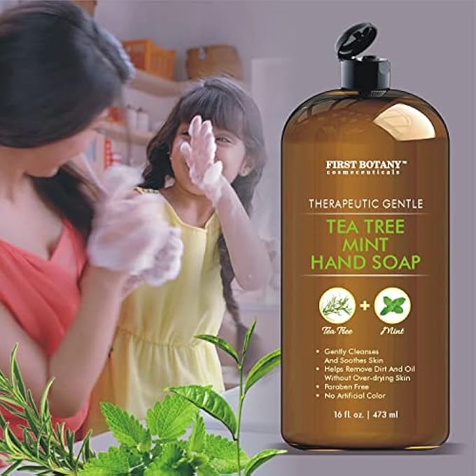 First Botany TEA TREE MINT HAND SOAP - LIQUID HAND SOAP WITH PEPPERMINT, JOJOBA AND COCONUT OIL - MULTIPURPOSE LIQUID SOAP IN PUMP DISPENSER - NATURAL BATHROOM SOAP & LIQUID HAND WASH - 16 FL OZ - Image 5